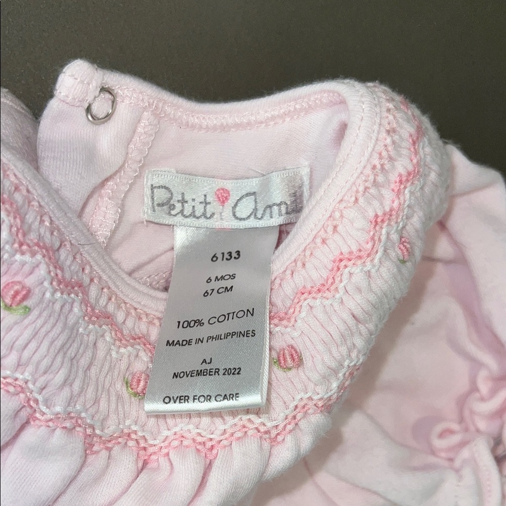 Pink Baby Bubble Romper with Smocked Detail and Embroidered Flowers - Picture 3 of 5